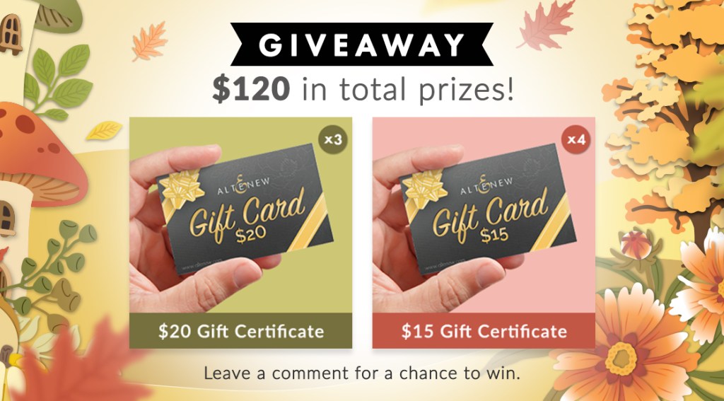 Graphic announcing a giveaway with a total of $120 in prizes, featuring three $20 gift certificates and four $15 gift certificates from Altenew, surrounded by autumn-themed decorations.