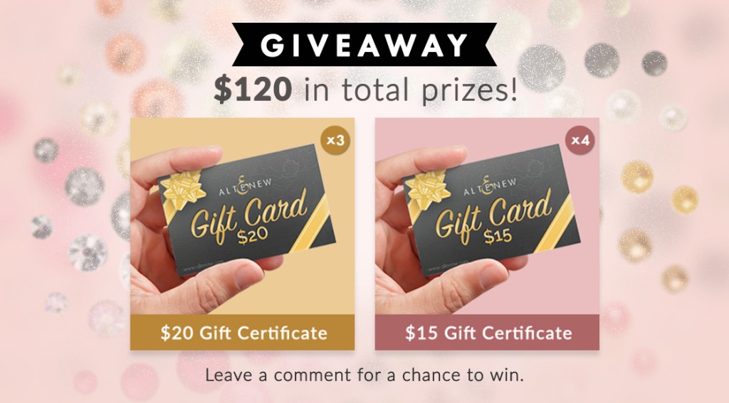 Image promoting a giveaway featuring a total of $120 in prizes, including three $20 gift cards and four $15 gift cards, with a call to action to leave a comment to enter.