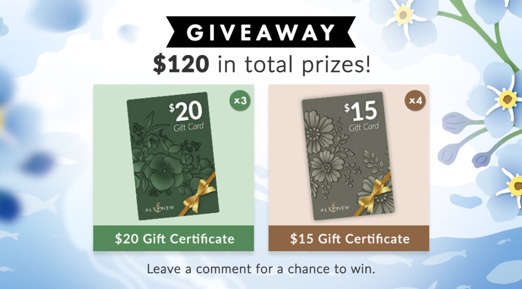 $120 in total prizes giveaway featuring three $20 gift certificates and four $15 gift certificates. Background includes floral elements.